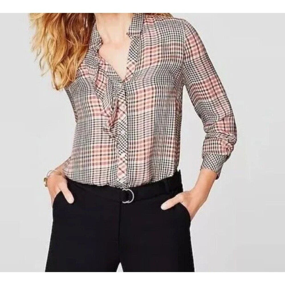 NWT J Jill Top Size 1X Tearose Glen Check Plaid Ruffle Button Blouse Preppy (U15